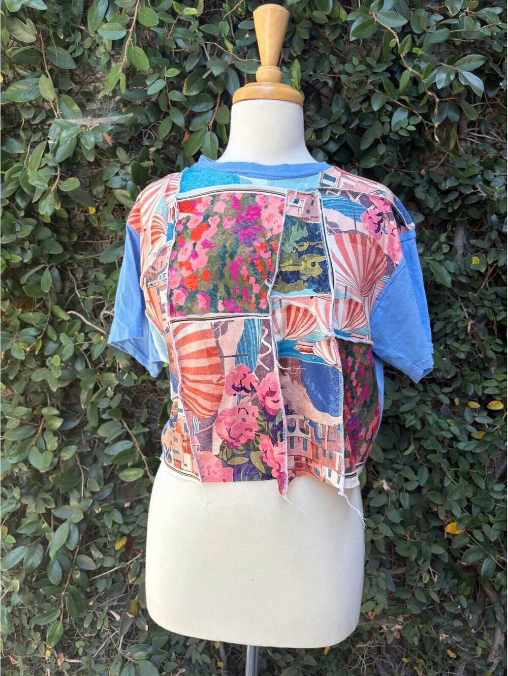 Upcycled blue fabric scrap cropped tee